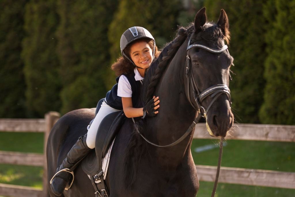 full shot kid learning ride horse